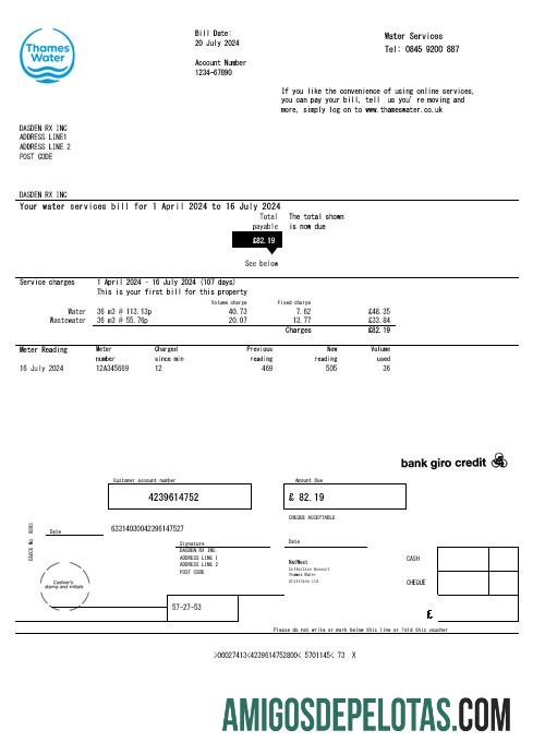 Para baixar modelo de conta de serviços públicos de água do Tâmisa do Reino Unido em formatos Word e PDF